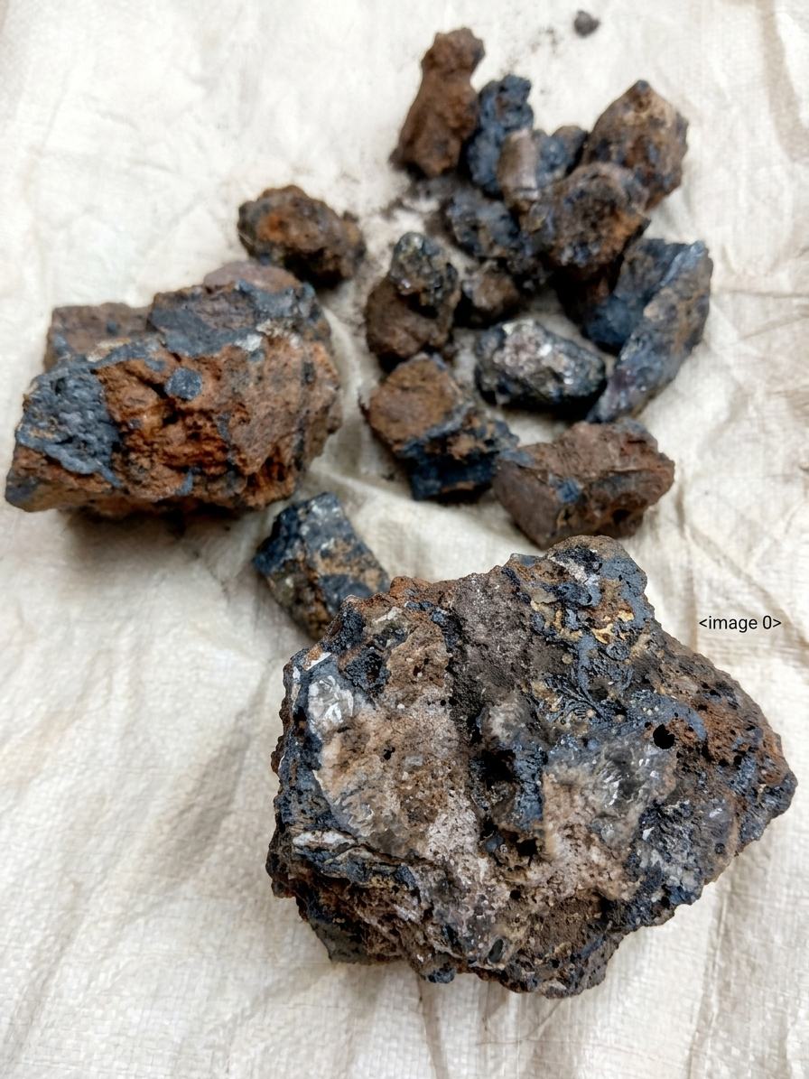 Échantillons de minerai/roche ferrugineuse disposés sur un sac, étiquetés « SPECIMEN A » et « SPECIMEN B ».