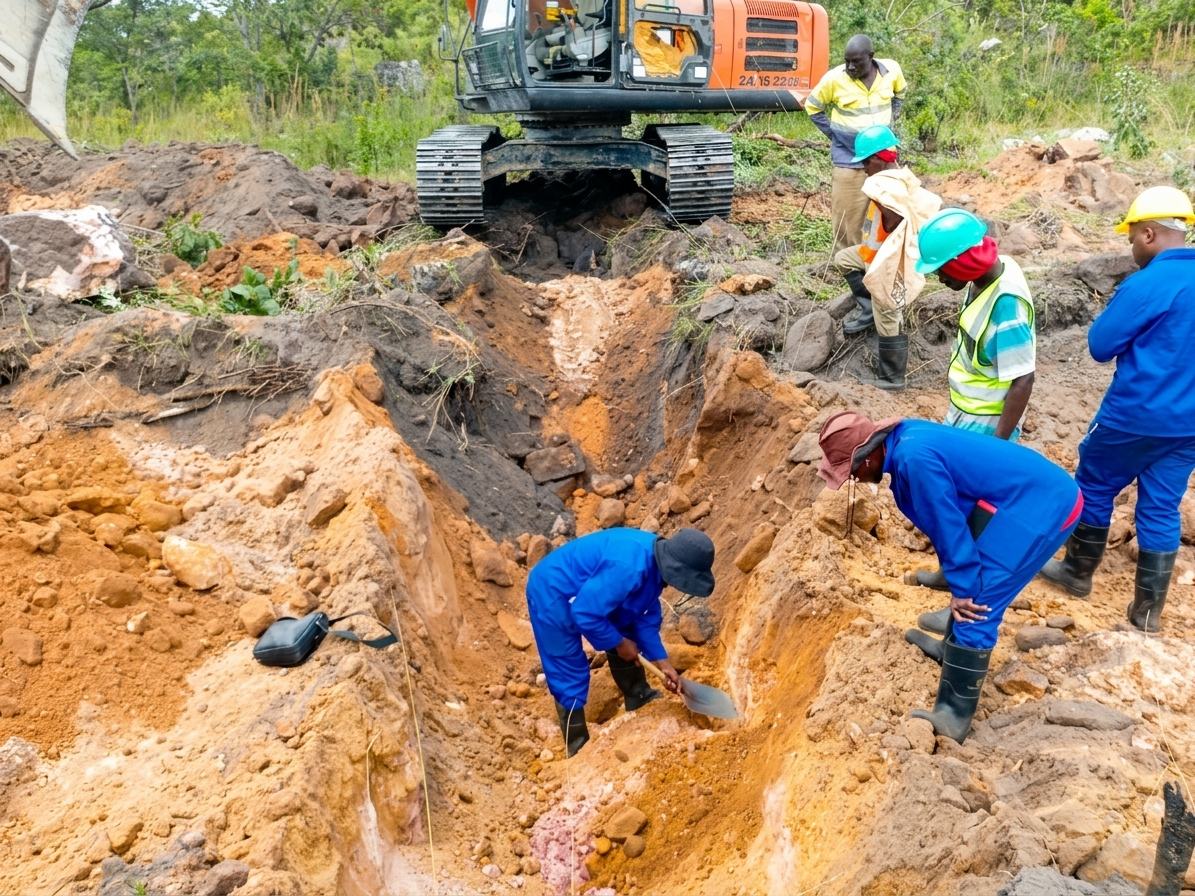 Équipe d'ouvriers excavant à la pelle